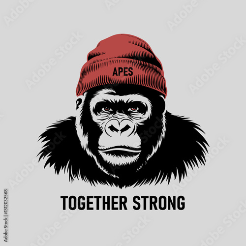A bold and striking illustration of an ape wearing a red beanie with the word APES written on it