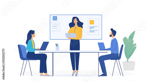 Digital illustration of a confident businesswoman presenting her work to colleagues in a modern office. Teamwork, leadership and professional communication in a collaborative environment.