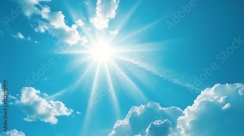 Bright Sun Shining Through Blue Sky and Clouds on Sunny Day