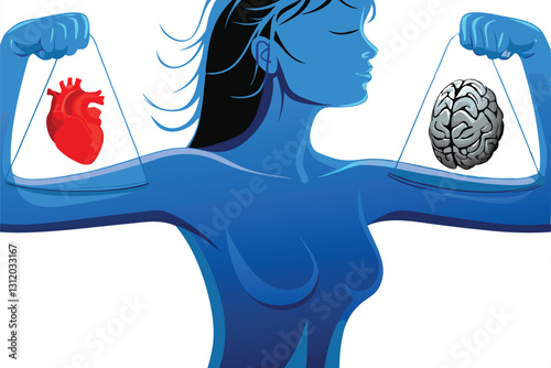 A woman torn between her heart and mind, depicted in a visual metaphor.  Illustrate the internal conflict using symbolic imagery.