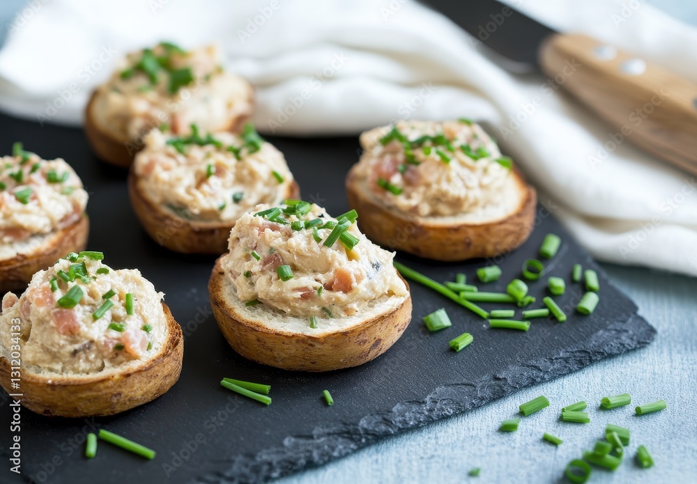 Delicious Baked Potato Rounds Topped with Creamy Fish Spread Garnished with Fresh Chives on Dark Slate Serving Board Delicious Baked Potato Rounds Topped with Creamy Fish Spread Garnished with Fresh Chives on Dark Slate Serving Board