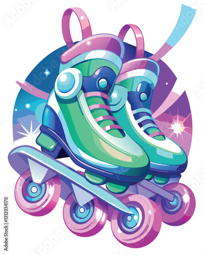 Futuristic chrome-edged rollerblades, holographic blades shimmering with vibrant light effects.  Sci-fi design.