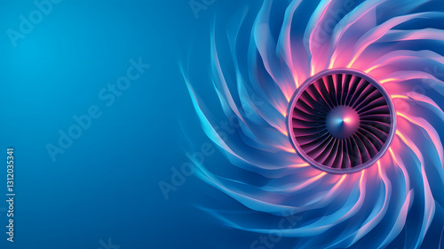 A vibrant digital illustration of a turbine engine with swirling patterns, set against a blue background