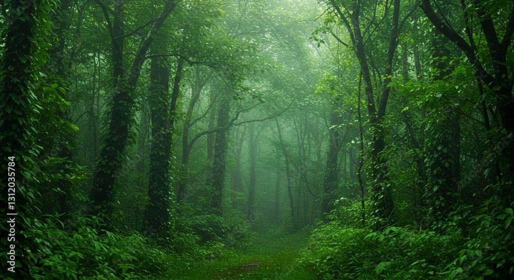 Mystical Green Forest Path Foggy Woodland Trail Lush Nature Scene Mystical Green Forest Path Foggy Woodland Trail Lush Nature Scene