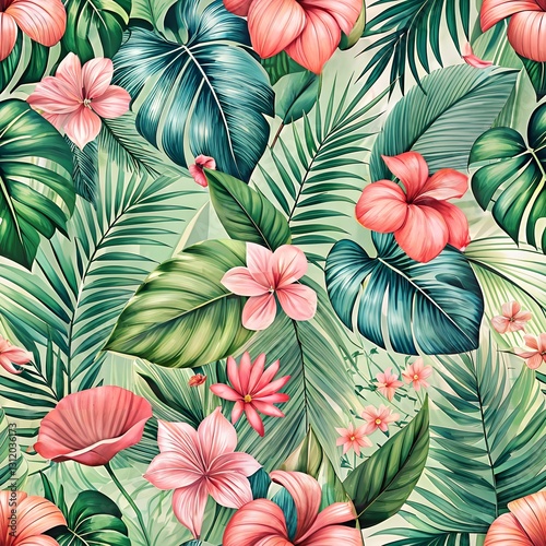 A lively tropical pattern featuring green palm leaves and pink hibiscus flowers. The seamless, vibrant design captures an island-inspired aesthetic, perfect for textiles, wallpapers,and summer fashion