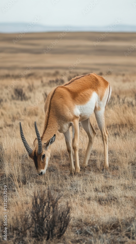 Fototapeta premium Saiga antelope grazing in the open steppe under a wide sky. Vertical