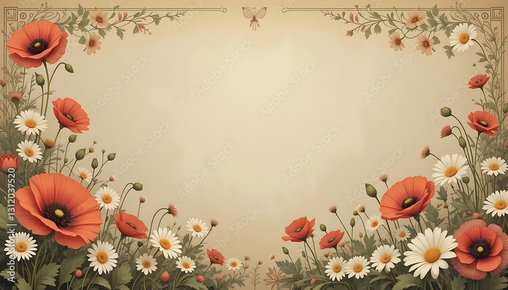 Fototapeta premium Poppy and Daisy Floral Frame with Beige Background and Butterfly