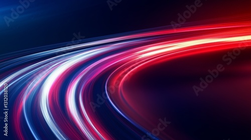 Dynamic red and white light trails curve on a dark highway. Speed and motion are captured in this vibrant artwork. AI generated