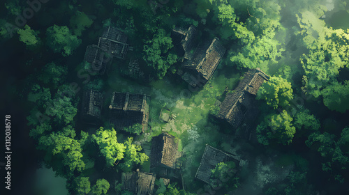 Aerial View of a Secluded Village Nestled in a Lush Green Forest