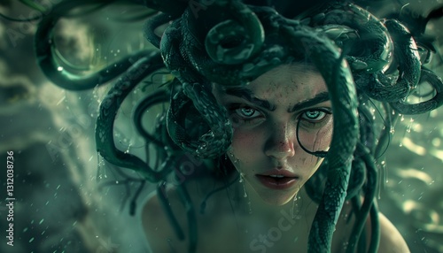 Illustration of Medusa the Gorgon with an intense expression and snake hair, emphasizing her beauty and danger