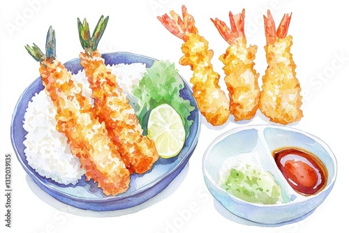 Watercolor shrimp tempura delight japanese restaurant food art culinary scene overhead view flavorful presentation, isolated on white background