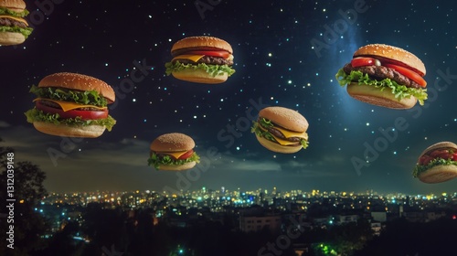 Night Cityscape with Floating Burgers Under the Stars