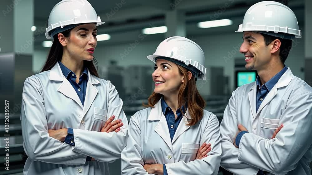 Group of specialists in white protective helmets discussing production issues at food enterprise Group of specialists in white protective helmets discussing production issues at food enterprise