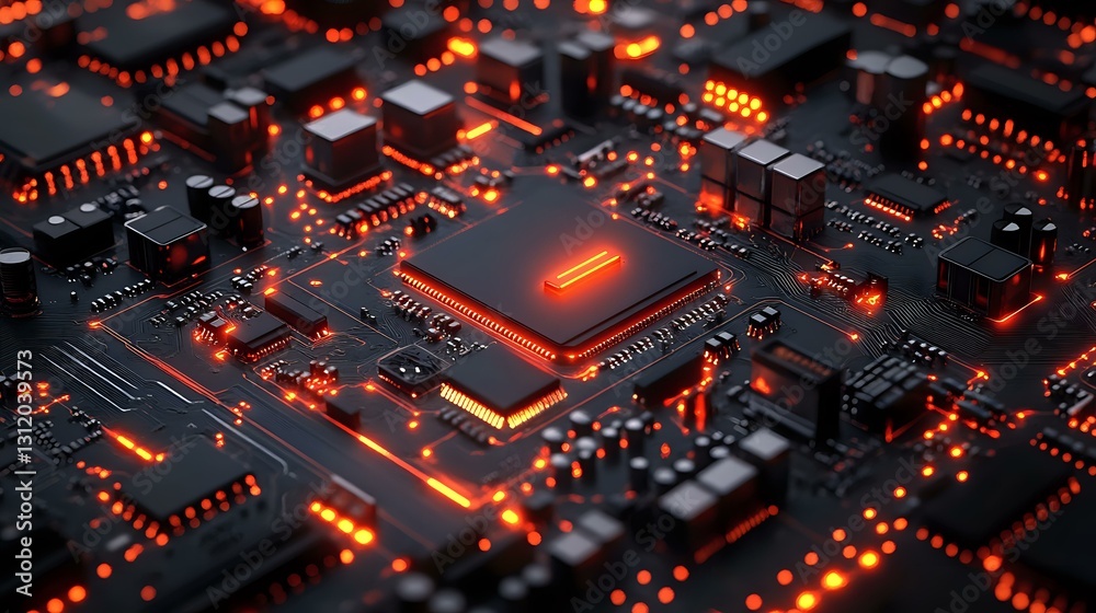Glowing red microprocessor on dark circuit board with futuristic lighting effects, electronic components and integrated circuits creating modern tech pattern. Glowing red microprocessor on dark circuit board with futuristic lighting effects, electronic components and integrated circuits creating modern tech pattern.