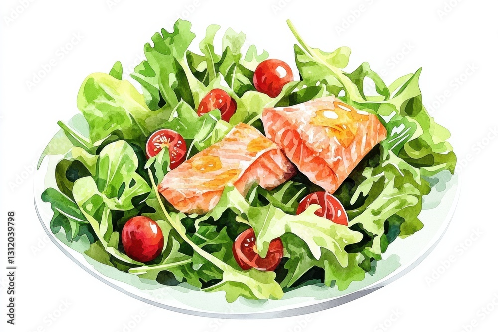 Watercolor culinary delight fresh salmon salad on plate vibrant colors kitchen environment artistic viewpoint, isolated on white background