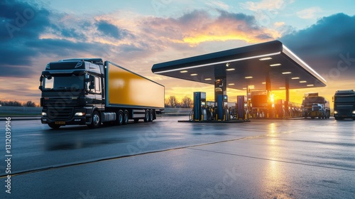 A biofuel filling station with trucks refueling in the background, showcasing an eco-friendly approach to energy. photo
