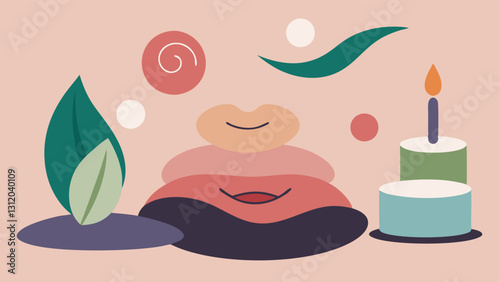 Spa Vibes A serene relaxing scene with a lip mask p next to candles and soothing stones with gentle exosome swirls illustrating calmness and rejuvenation for lips.