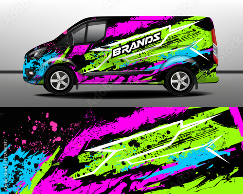 Vector delivery van design. Graphic abstract stripes and paint splashes racing background for truck and car wrap design. Car design development for company.
