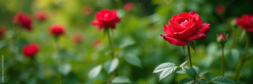 Red roses growing in a garden amidst lush greenery, foliage, botanical Red roses growing in a garden amidst lush greenery, foliage, botanical