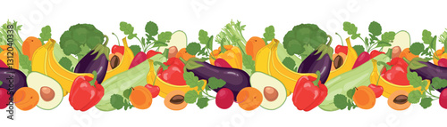 Seamless border of natural fruits and vegetables. Vector farm products on white background. Radish, broccoli, zucchini, eggplant, banana, cherry, apricot, avocado, celery, bell pepper in cartoon style