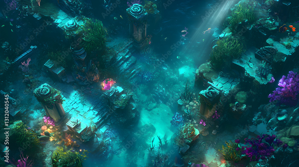 Obraz premium Sunken City Underwater Ruins and Vibrant Coral Reef