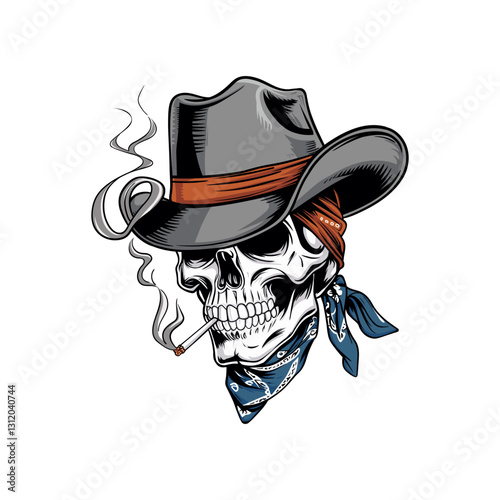 Detailed illustration of a skull wearing a cowboy hat and bandana, smoking a cigarette