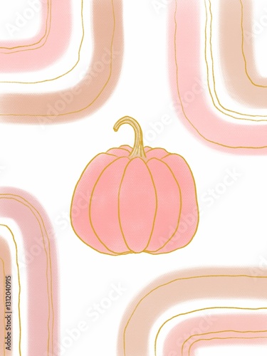 Minimalist illustration of a pink pumpkin with a gold outline. Abstract arch-like pink and gold lines in the corners add elegance. Perfect for autumn decor, posters, prints, and fall-themed designs.