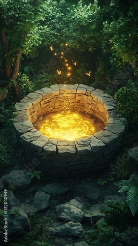 Magical well glowing amidst lush greenery.