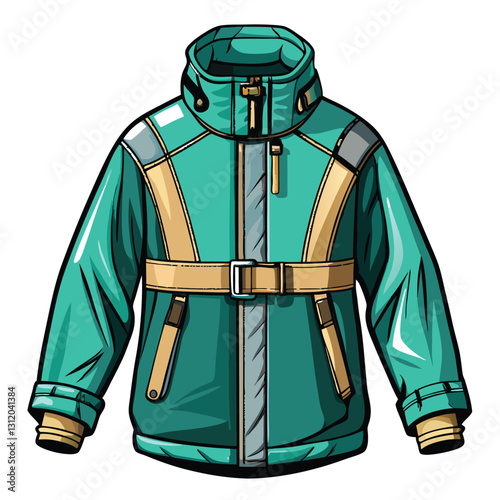 Create a vibrant teal vector illustration of a windproof shell jacket, showcasing unique design details and texture.