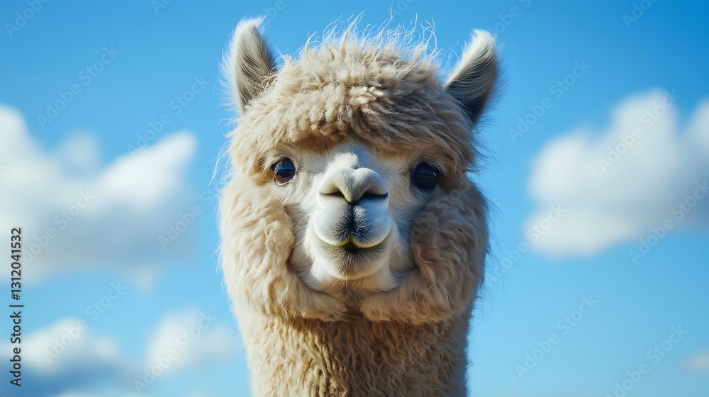 Obraz premium Friendly alpaca with soft wool smiles against a clear blue sky with fluffy white clouds creating a cheerful atmosphere