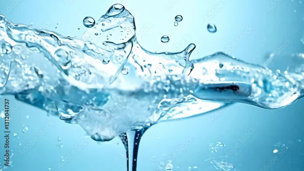 A stunning shot of a water splash frozen in time, creating a beautiful blue wave effect, representing the concept of energy, freshness, and the dynamic nature of water in motion.