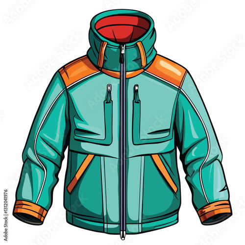 Create a vibrant teal vector illustration of a windproof shell jacket, showcasing detailed stitching and a modern design.  Emphasis on high-quality vector graphics for seamless scaling.
