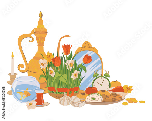Products for the International Day of Navruz. Iranian New Year is a sacred day and religious holiday of Zoroastrians and Baha'is. Mirror, green grass, sweets, candles, vinegar, flowers. Flat vector.