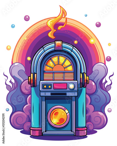 Ethereal nebula resembling a vintage jukebox, pastel blue hues, cosmic dust swirling, vibrant stars.  High resolution, detailed, digital painting.