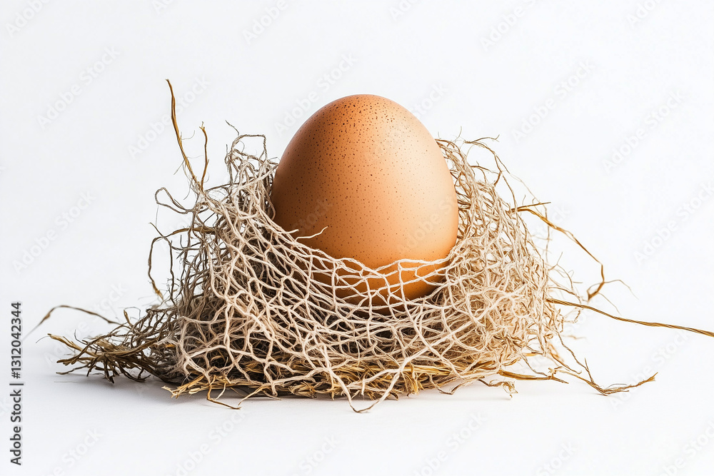 Selective focus brown chicken egg in hay nest isolated on white background, Perfect brown egg on white. Selective focus brown chicken egg in hay nest isolated on white background, Perfect brown egg on white.