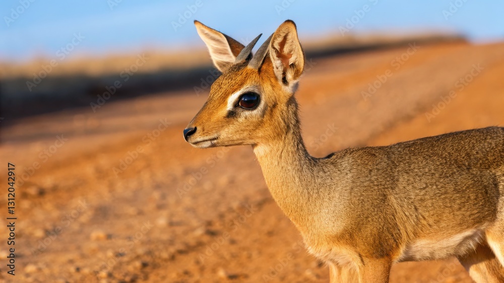 Fototapeta premium a dik-dik antelope standing gracefully on a dusty track, looking alert. The tiny antelope is in its natural environment 