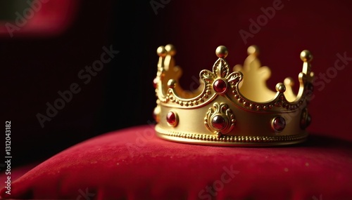 Regal golden crown resting on a velvet cushion, ornate, regalia
