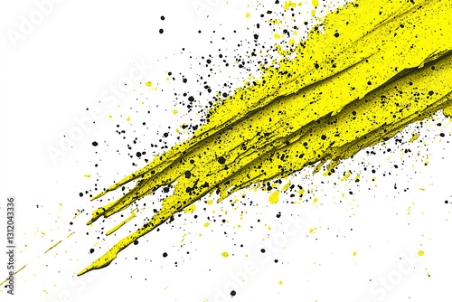 Bright yellow paint splatter with black accents on a white background, ideal for creative designs