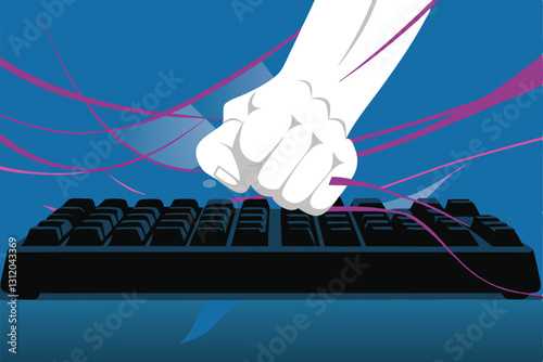 Illustrate a furious online argument; depict a person aggressively typing on a keyboard, surrounded by digital fire and angry emojis.
