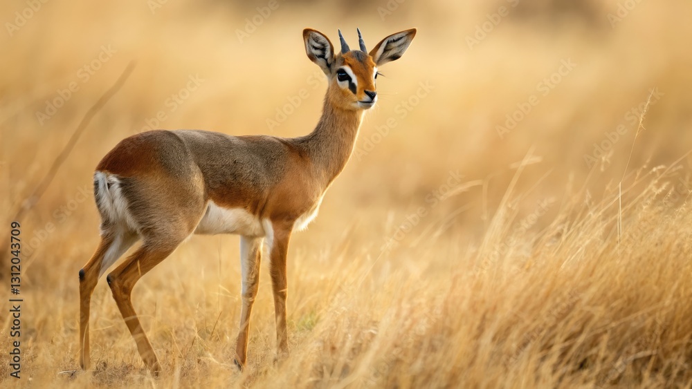 Obraz premium A Dik-Dik Standing in Dry Grassland, showing its small size and alertness, perfect for wildlife enthusiasts.