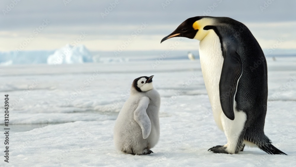 Fototapeta premium a parent emperor penguin and chick standing on the ice, with an iceberg on the background