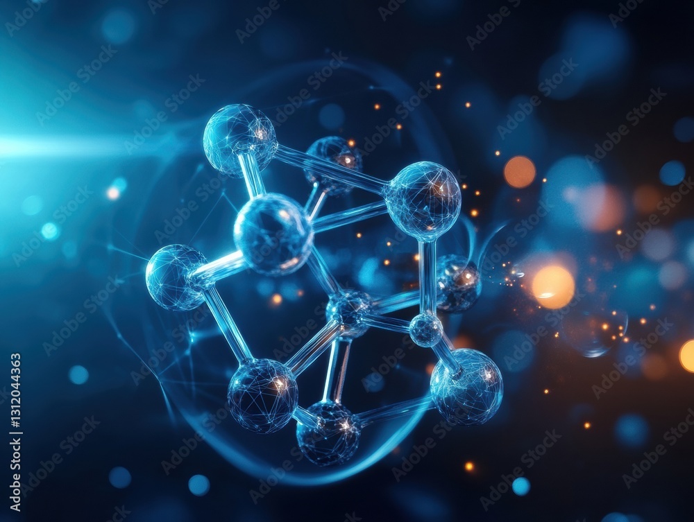 Molecular structure illuminated in a vibrant digital environment with glowing particles Molecular structure illuminated in a vibrant digital environment with glowing particles