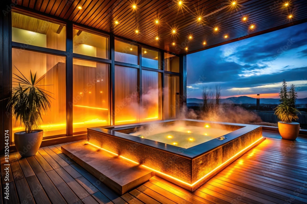 Fototapeta premium Orange-lit, square jacuzzi bubbles surrealistically; modern architecture meets dreamlike photography.