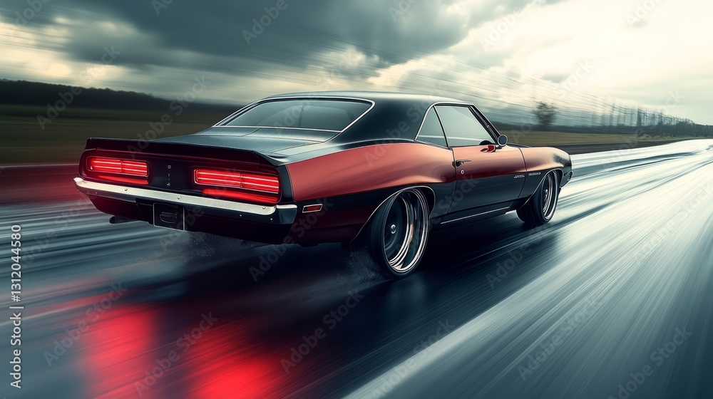 Muscle car with a roaring engine, motion blur enhancing the feeling of raw power on a long stretch of road Muscle car with a roaring engine, motion blur enhancing the feeling of raw power on a long stretch of road