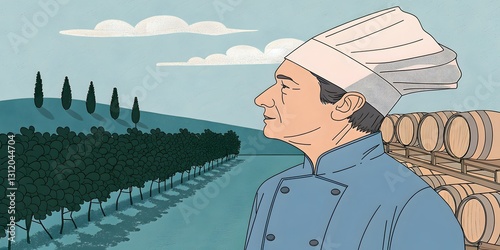 Double ExpA chef contemplates a picturesque vineyard, rolling hills, and a row of wine barrels in a serene, tranquil setting. The scene evokes a sense of culinary inspiration and agricultural harmony. photo