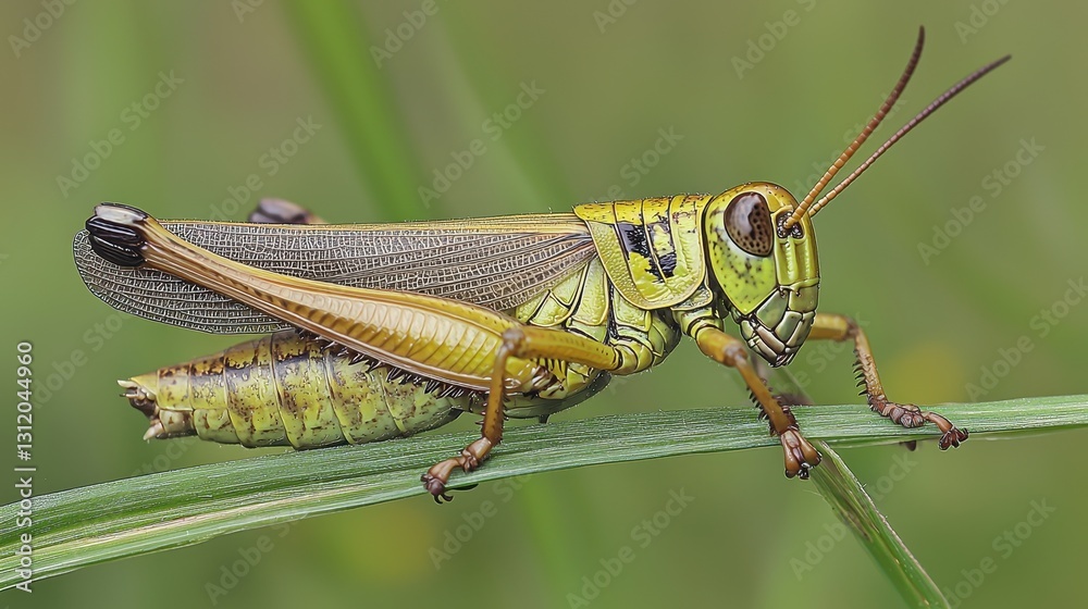 A close-up of a vibrant green grasshopper perched on a blade of grass, showcasing its intricate body patterns and textures. A close-up of a vibrant green grasshopper perched on a blade of grass, showcasing its intricate body patterns and textures.