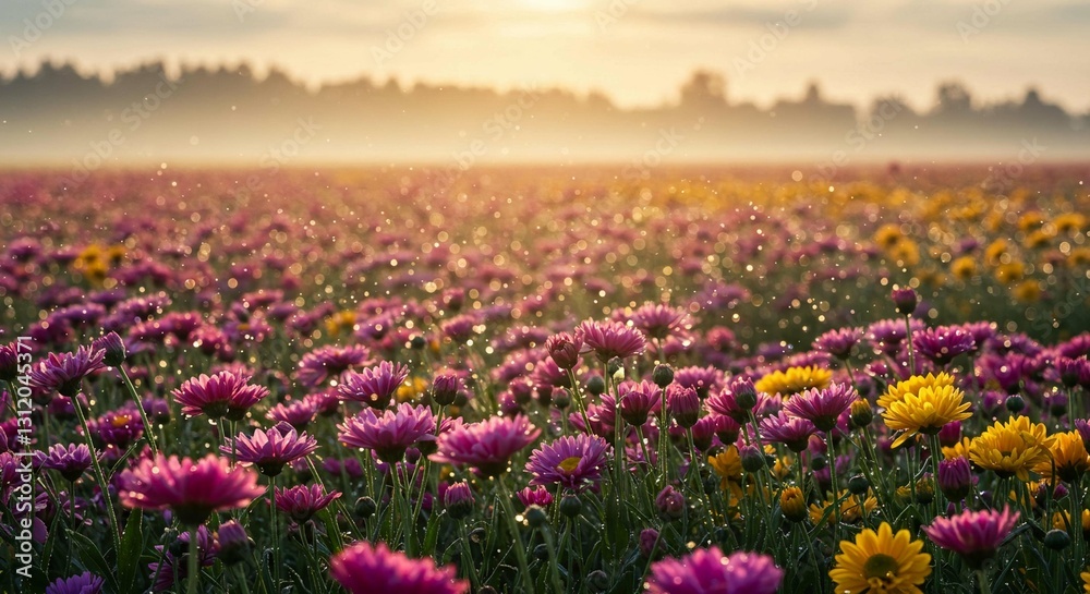 Vibrant Sunrise Over Dew Kissed Purple and Yellow Flower Field Vibrant Sunrise Over Dew Kissed Purple and Yellow Flower Field