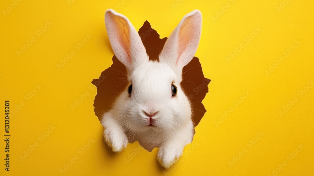 White rabbit emerging from a hole in vibrant yellow background, symbolizing curiosity and playfulness in a fun and cheerful setting White rabbit emerging from a hole in vibrant yellow background, symbolizing curiosity and playfulness in a fun and cheerful setting