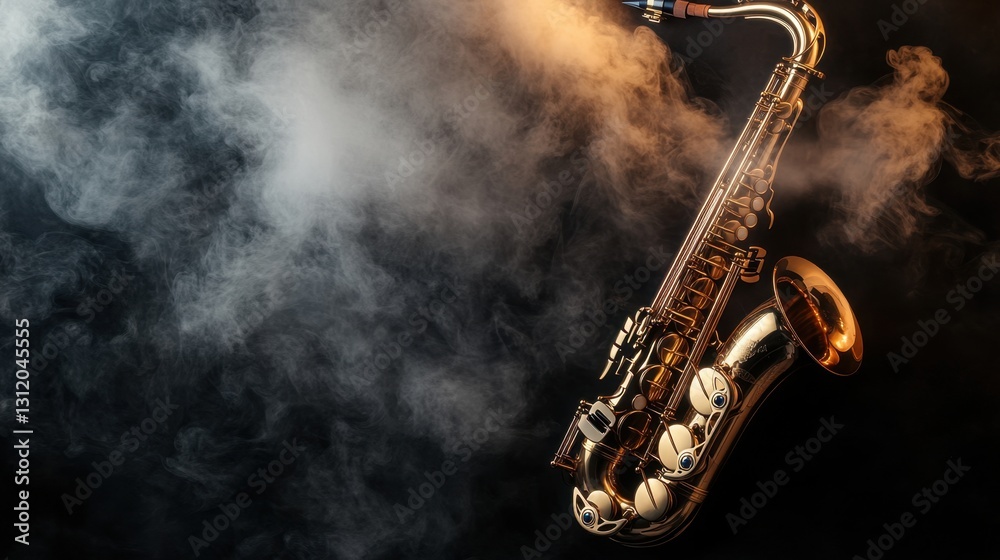 Obraz premium Elegant Saxophone Surrounded by Dramatic Smoke with Artistic Lighting Enhancing the Musical Vibes in a Studio Setting