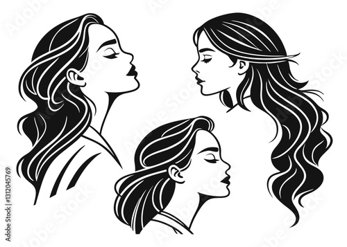 minimalist silhouette portraits of women with different hairstyles, set